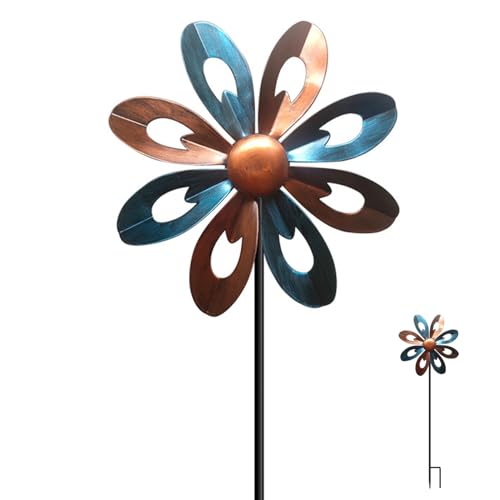 Garden Wind Spinners Tall Metal Wind Spinners Outdoor Swivel Flower Wind Sculptures with Ground Stake for Patio Lawn Outdoor Yard Lawn Garden Decorations Bronze and Blue, Outdoor Wind Spinner