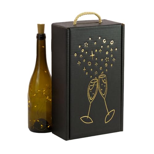 Cajas para 2 Botellas de Vino Cava Regalo cartón   Pack 4 Unidades Elegante Estuche para 2 Botellas con Asa, Cartón Reciclado, Impresión Copas en Color Dorado