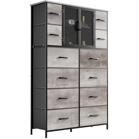 Arlopu 56.7' Tall Dresser, Dresser Chests of Drawers with 12 Storage Drawers,Fabric Dresser with Wood Top and Metal Frame for Closets, Living Room, Entryway,Kid Room,Hallway (Oak Grey) Cover