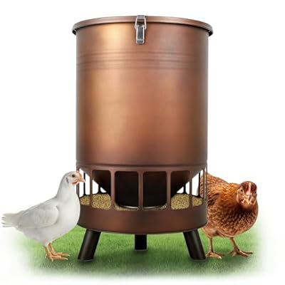 Solution4Patio 50LB No-Waste Chicken Feeder, Large Capacity Gravity Dispenser with Spill Control & 16 Feeding Ports Poultry Feeder for Outdoors & Hen Coop (Brown)