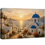 wall26 Canvas Print Wall Art Santorini Sunset Coastal Village with Blue-Domed Church Mediterranean...