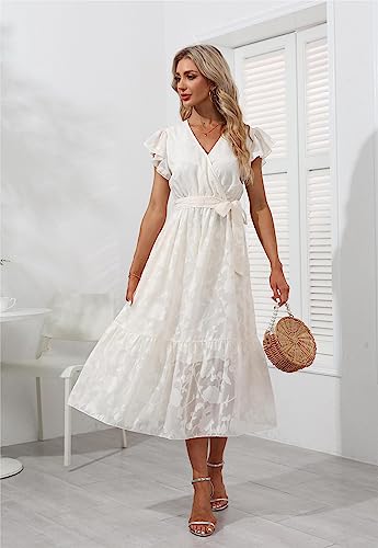 Image of VintageClothing Womens Sundress Casual Floral Summer Boho Dress | Flowy Wrap V Neck Ruffle A-Line Pleated Hem Midi Dresses