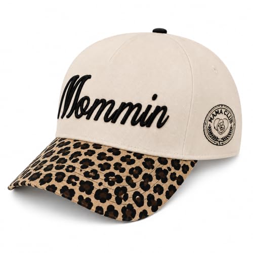 Mommin Hat for Women 3D Embroidered Mom Baseball Cap Adjustable Cotton Mom Life Hat with Leopard Print Brim Idea for Mom