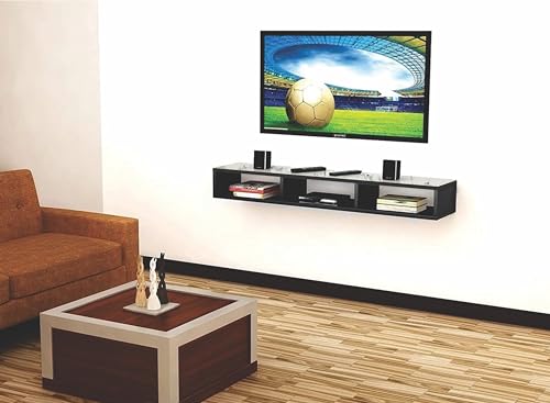 Image of Dime Store Wooden Wall Mounted Floating TV Stand /TV Entertainment Unit /TV Cabinet with Rack for Set Top Box & Decorative Objects /TV Stand for Living Room (Black and White, 32x5x8 inch)