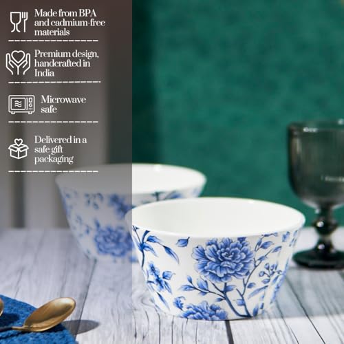Image of GOLDEN QUEEN'S Bowls Set of 2 | Ideal for Snacks, Noodles, Ramen, Salad, Cereals, Rice | Microwave Safe | Handcrafted - Sapphire Bloom, 500 ml