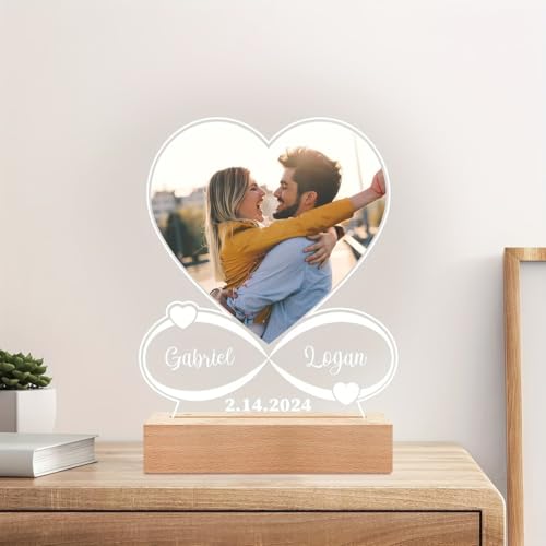 Image of SNAPTRAP Personalized Heart Infinity LED Photo Lamp with Wooden Base | Warm White Light | Customized Photo with Name Gift for Couples, Wife, Husband | Anniversary, Wedding & Valentine Gift