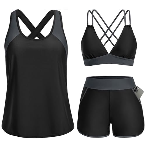 Daci Black and Gray Women 3 Piece Tankini Swimsuits - Tummy Control Tank Top with Bra Modest Bathing Suit with Pockets Boyshorts Bottom 2026 M
