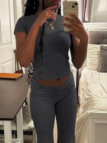 Image of AYWA Women's 2 Piece Lounge Sets Short Sleeve Crop Top Foldover Flare Pants Casual Pajama Outfits