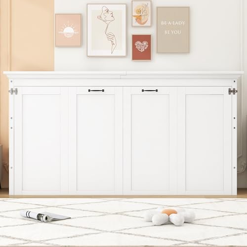 MERITLINE Twin Horizontal Murphy Bed Cabinet with Desk, Solid Woo...