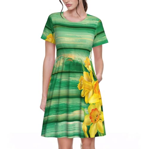 Robe d'été à jonquilles jaunes imprimées et manches courtes confort