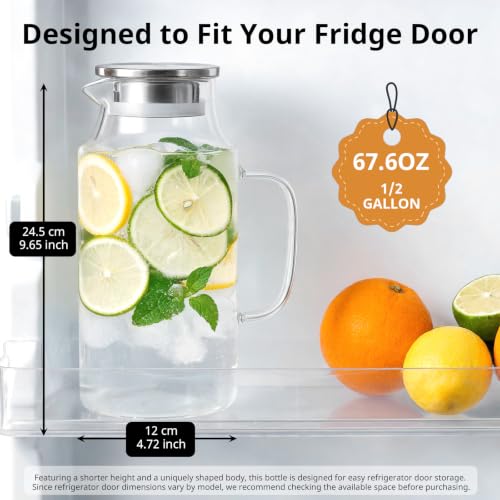 Image of Bivvclaz Short 67.6 oz Glass Pitcher with Lid and Handle, Glass Carafe for Hot /Cold Water, Iced Tea Pitcher for Coffee, Juice and Homemade Beverage