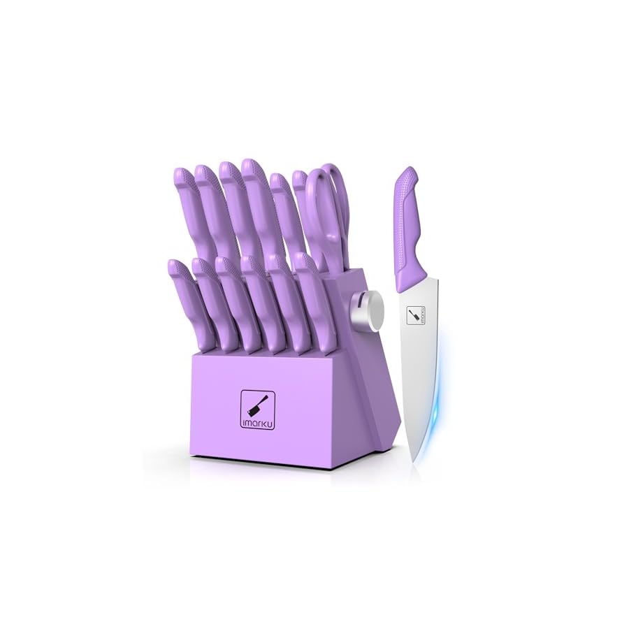 imarku Kitchen Knife Set, Sharp Knife Set with Built-in Sharpener, Stainless Steel Knife Set with Block and Non-Slip Ergonomic Handle, Dishwasher Safe, 14 PCS Professional Knife Set for Gift, Lavender