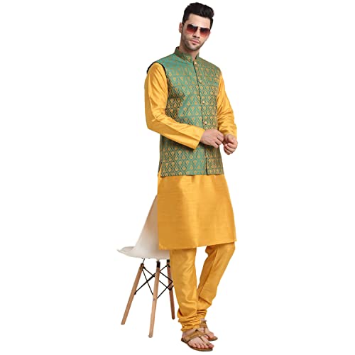 Image of KRAFT INDIA Mens Gold Silk Blend Kurta and Churidar Set With Jacquard Paisley Nehru Jacket