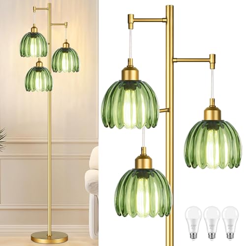 AHDWDW Gold Floor Lamp for Living Room Bedroom,Modern Tree Floor Lamps with Green Glass Shades,68IN Tall Standing Lamp with Bulbs,3 Lights Mid Century Vintage Floor Lamp for Corner Office Reading