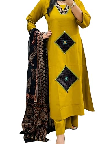Image of BHARVITA Women's Rayon Handwork Embroidered and Printed Straight Kurta with Pant And Dupatta Sets