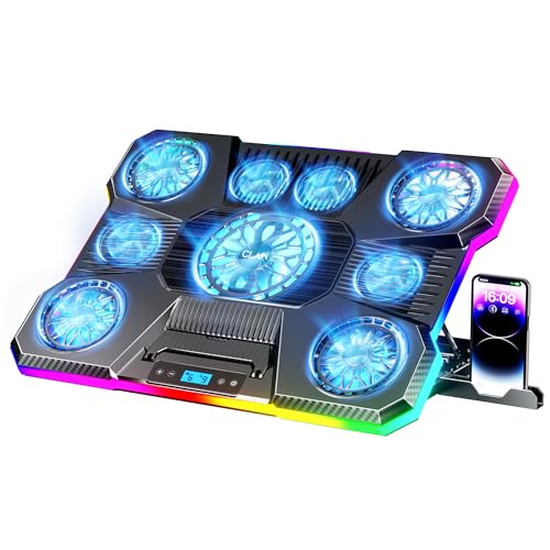 Image of CLAW Storm Pro A21 Laptop Cooling Pad with 9 Fans (6x60mm + 4x85mm, Up to 2400 RPM), RGB Lighting, LCD Display, Mobile Stand, 9 Height Levels, USB & Type-C Ports, Fits Up to 17-Inch Laptops - Black