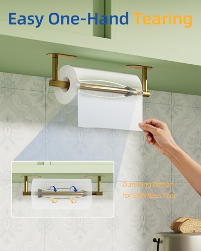 Image of RUACQ Paper Towel Holder Under Cabinet, One Hand Tearing Paper Towel Holder with Damping Effect, Wall Mount & Adhesive Stainless Steel Paper Roll Holder for Kitchen Bathroom (Brushed Gold)