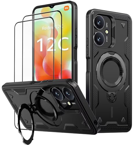 KANSi Hülle für Xiaomi Redmi 12C mit Schutzglas*2 Militär Handyhülle Ständer Stoßfest Gehäuse mit Metallring Ringhalterung - Panzerhülle Schwarz