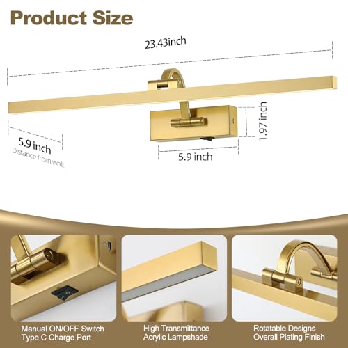Image of Wireless Picture Lights for Wall,23.5 Inch Brass Art Light for Paintings,Battery Operated Picture Lights with Remote Control,Dimmable Rechargeable Art Lamps for Picture Frame,Gallery