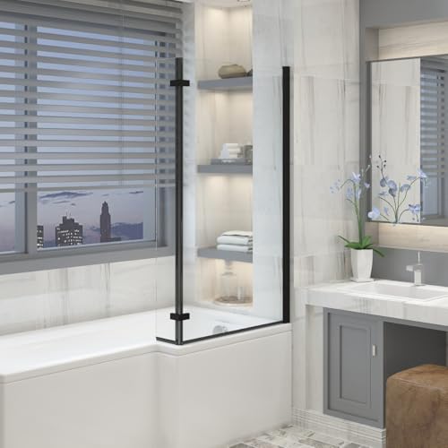 Aquariss Black 1400x810mm Pivot L Shape Bath Screen with Hinged Folding Return Panel 6mm Toughened Safety Glass