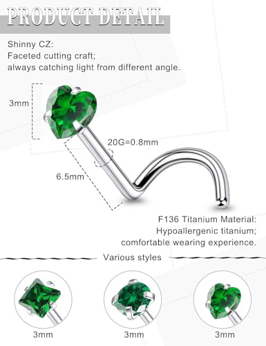 20G Astm F136 Titanium Nose Rings Studs Piercing Jewelry for Women L Shaped Corkscrew Straight Titanium Heart Nose Rings Studs Round Square CZ Nostril Piercing Jewelry for Women Men2