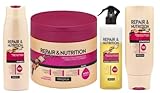 ((Super Lote 04))) Reparador y nutritivo cabello seco y dañado Deliplus | 1 Champu + 1 mascarilla + 1 acondicionador con aclarado + 1 acondicionador instantáneo en seco.