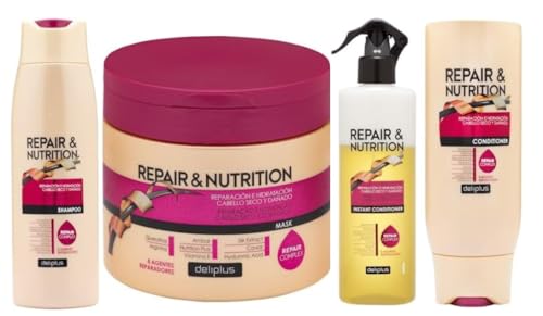 ((Super Lote 04))) Reparador y nutritivo cabello seco y dañado Deliplus | 1 Champu + 1 mascarilla + 1 acondicionador con aclarado + 1 acondicionador instantáneo en seco.
