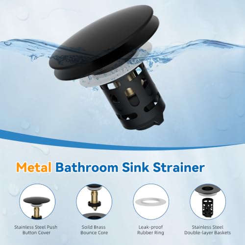 Universal Metal Bathroom Sink Stopper, Pop-Up Hair Catcher Strainer, Black by iFealClear - Used condition - Image 3