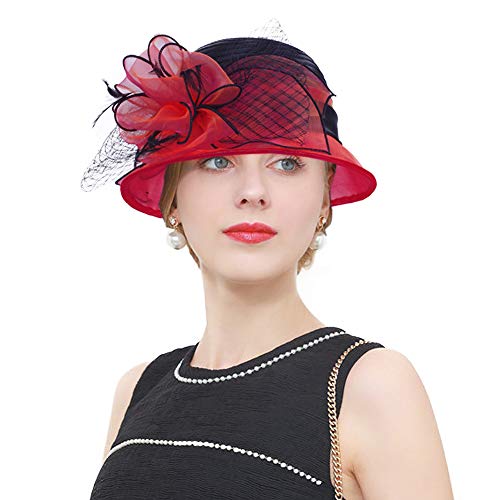 Janey&Rubbins Womens Two-Tone Bowler Cloche Hat for Derby Day Church Wedding Party Formal Events (Red/Black)