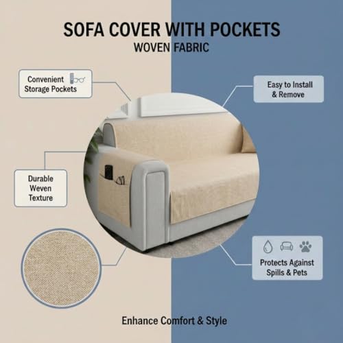 Image of STITCHNEST 'ComfyNest Series' 1 Seater Sofa Cover | Full Coverage with Armrest Pocket | Elegant Jute Fabric, Washable & Durable for Modern Living