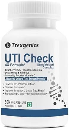 Trexgenics UTI CHECK Advanced Urinary Tract Cleanse & Function, Immunity Support with Optimized Cranberry 200mg, D-Mannose 250mg & Hibiscus 100mg & Vitamin C 40mg (60 Vcaps) (1)