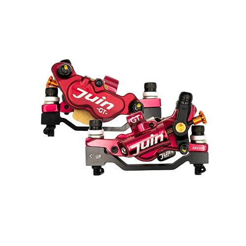 Juin JuinTECH GTP-4 4-Piston Hybrid Hydraulic Disc Brake Calipers – Front & Rear Set (2 Calipers, No Rotor), Post Mount/ISO, Cable-Actuated for Mechanical Road Levers (Red)