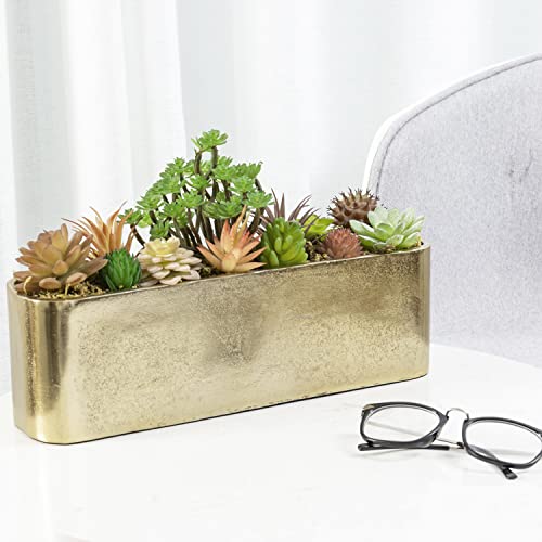 Mygift 14 Inch Decorative Gold Metal Succulent Planter Pot - Modern Elongated Oval Flower Vase Plant Holder Tabletop Centerpiece - Handcrafted In India #TOP3