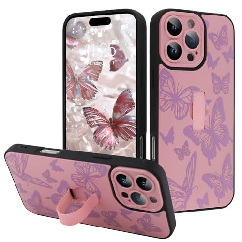 Image of for iPhone 16 Pro Case with Finger Strap Holder, Cute Cool Butterfly Print Pattern Design for Women Girls, Shockproof Anti Scratch Hand Kickstand Protective Cover, Pink