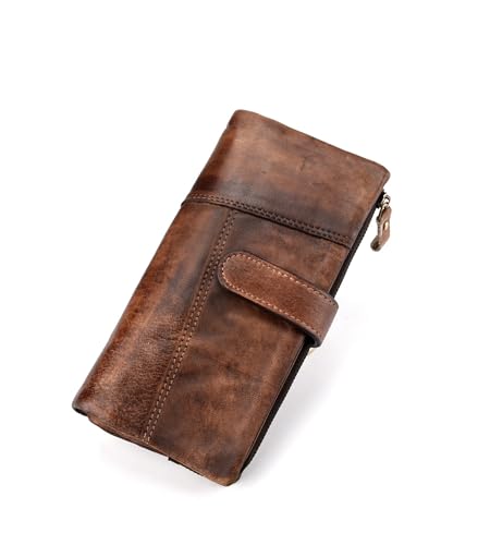 KingTo Genuine Leather Long Wallet for Women Vintage Checkbook Wallets with RFID Blocking Card Holder (Coffee color)