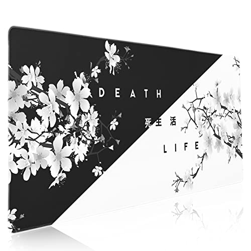 Tapete de mouse preto e branco com flor de cerejeira japonesa Sakura Death Life Extended 90 x 40 cm, base de borracha antiderrapante, borda costurada grande, tapete para jogos, laptop, computador,