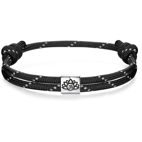 J.Endéar Nautical Bracelet for Men, Om Lotus Flower Bracelet 925 Sterling Silver, Black Paracord Surf Bracelet for Boys, Meditation Yoga Jewelry for Women