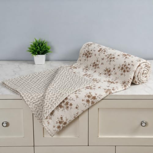Image of Florida Reversible Cotton Dohar - Single Size (220x160 cm, 90 GSM, Brown Floral Pattern), Soft & Lightweight Blanket for All Seasons, Breathable & Skin‑Friendly Fabric
