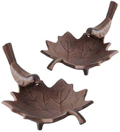 BestNest Set of 2 Esschert Design Maple Leaf Petite Bird Baths, Brown | Cast Iron Leaf Bird Baths with Perched Bird Figures | Decorative Outdoor Garden Birdbaths or Indoor Accent Dishes
