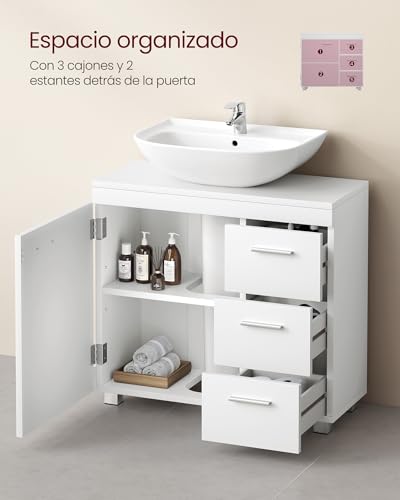 Miniatura 5 de VASAGLE Mueble Bajo Lavabo, Armario de Baño, 3 Cajones, 2 Compartimentos Detrás de la Puerta, Apto para Lavabos con Pedestal, con Pies, 30 x 70 x 64 cm, Blanco Nube BBK504W01