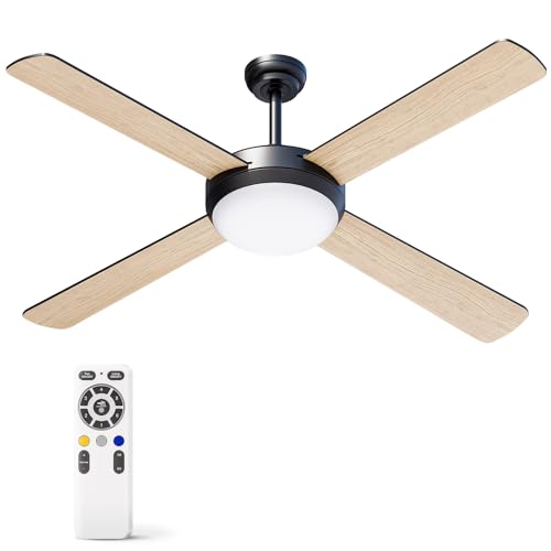Brillivanture Ventilador de techo con luz y mando a distancia, 4 aspas de madera natural, ventilador techo reversible y silencioso con LED regulable, 6 velocidades, temporizador, ideal para verano. ​