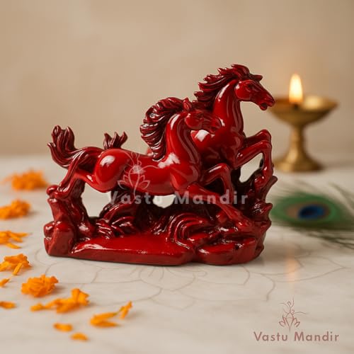 Image of Red Running Horses Statue | Vastu Remedy for Name, Fame & Wealth Stability | Resin Twin Horses for South Zone Energy Activation & Career Growth (Small Horse)