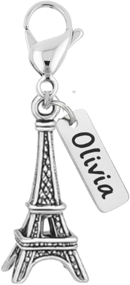 Eiffel Tower Clip-On Charm with Name Tag – Silver Tone Eiffel Tower Pendant Accessory with Durable Lobster Clasp for Bracelets, Backpacks, Jackets, Bags, Compatible with Travel Souvenirs