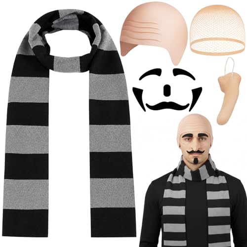 Gru Kostüm 5 Teiliges Halloween Kostüme Set mit Glatzenkappe Schal Perückenhaube langer Nase Falschen Augenbrauen und Bart für Verwendung bei Halloween & Partybesuchen Durch Personen ab 15+