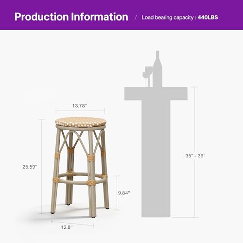 Image of PURPLE LEAF Patio Round Counter Height Stool Set of 2 Outdoor Backless Barstools Aluminum Frame in Champagne Finish with Amber & White Woven Rattan for Indoor Kitchen Dining Bistros Cafe Restaurant