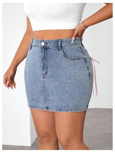 MakeMeChic Women's Plus Size Summer Denim Skirt Bow Stretchy Bodycon Y2k Mini Jean Skirts2