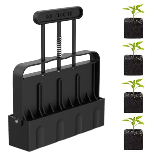 Manuelle Erdballenpresse Anzucht, Erdtopfpresse Bodenblocker für 4 Soil Block von 5 x 5cm, Handgehaltener Bodenblocker mit Sämaschine und Handschuhen, Stahlkugelstopfen für Pflanzung Transplantation