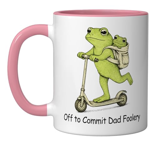 Sarcasm Humor New Dad Frog Meme Off To Commit Dad Foolery Ceramic Mug, Pink/White