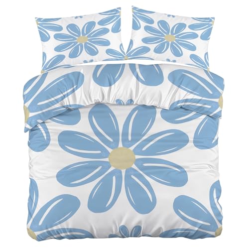 Margaritas Azules y Blancas Funda Nórdica Cama 105 Juego, Reversible Microfibra Juegos Cama Fresco y Suave Funda Edredon 180×220 y 2 Fundas 50x75, con Cremallera, Apto Hombres y Mujeres HF910