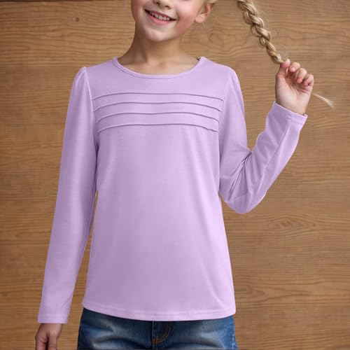 Girls Pleated Front Long Sleeve Shirts Kids Puffed Soft Cute Casual Crewneck T-Shirt Tops Fall Warm Shirt Trendy Crewneck Tee2